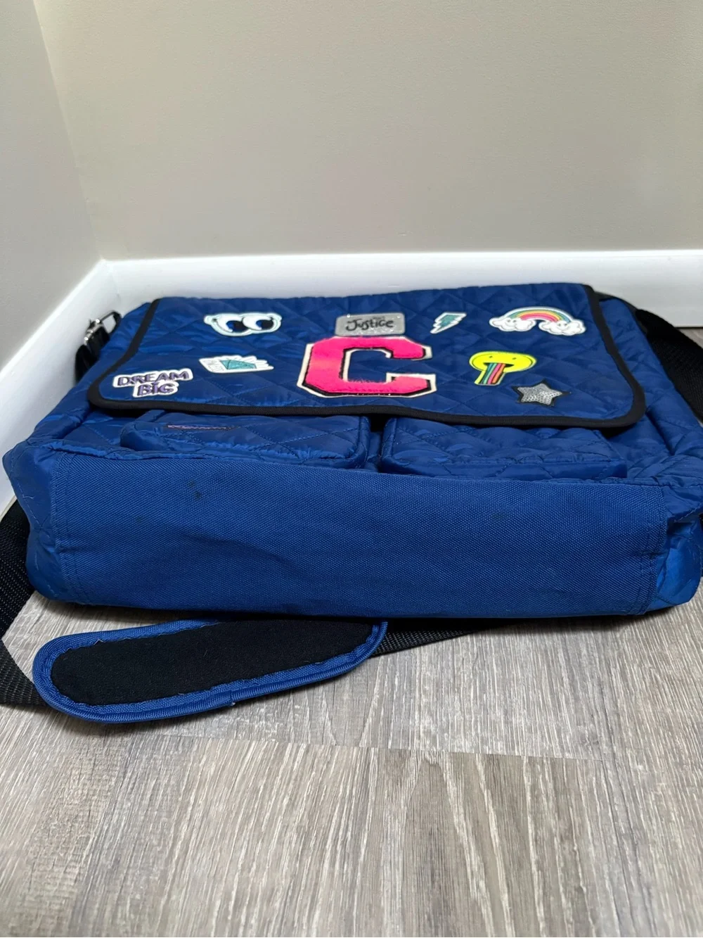 Justice Blue Quilted Patch New Messenger Bag with C Initial
